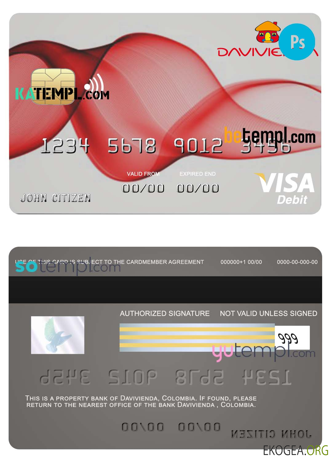 Modèle de carte de débit visa bancaire Colombie Davivienda au format PSD, entièrement modifiable